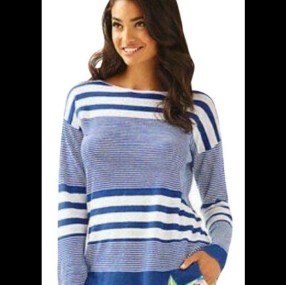 Lilly Pulitzer Camilla Linen Sweater Size Small Blue White Striped Boatneck